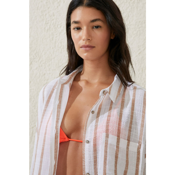 Cotton On Women's Large Brown White Striped Swing Beach Cover Up Shirt NWT - Picture 2 of 7